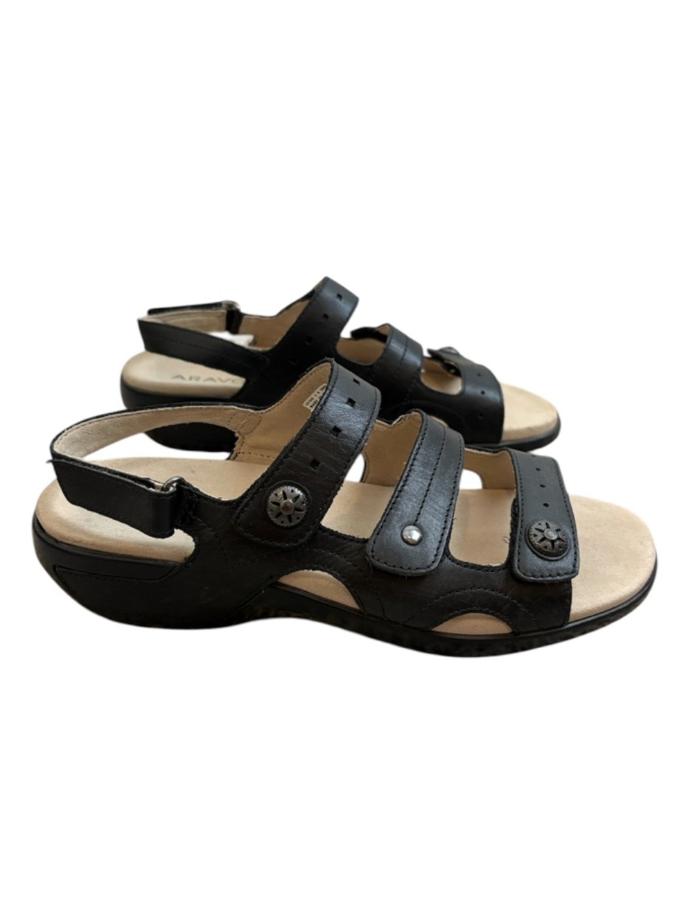 Aravon by New Balance Three Strap Comfort Sandals Black Leather Size 9 B